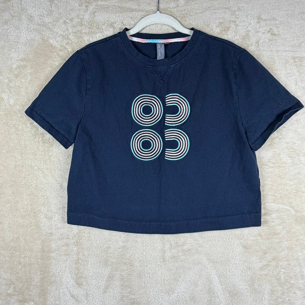 Sweaty Betty After Class Navy Blue Cropped Graphic Sweatshirt Women's Size Small